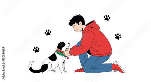 Person Tending To Pet Dog With Festive Collar And Paw Prints Floating