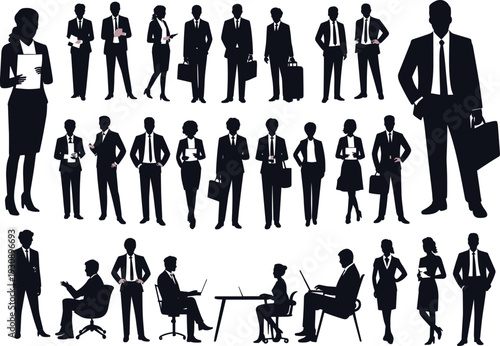Business people silhouettes collection, professional office workers teamwork leadership meeting corporate vector illustration isolated white background business management strategy design