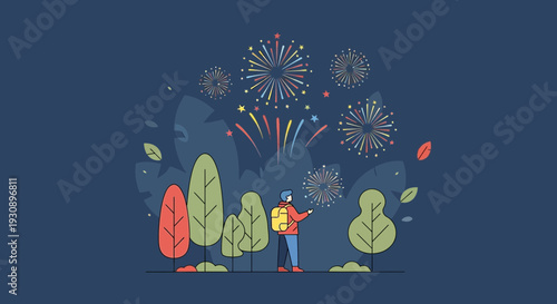 Person Watching Colorful Fireworks Display Amidst Stylized Trees