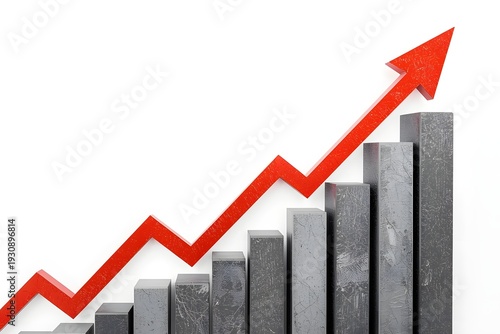 A 3d business growth chart with a red arrow moving up on a white background illustrates financial success and market data progress through a professional vector graphic report