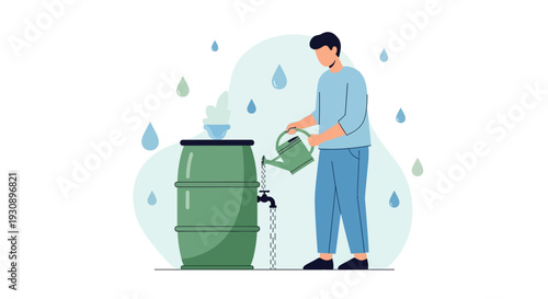 Person Watering Plants Using Collected Rainwater From A Barrel