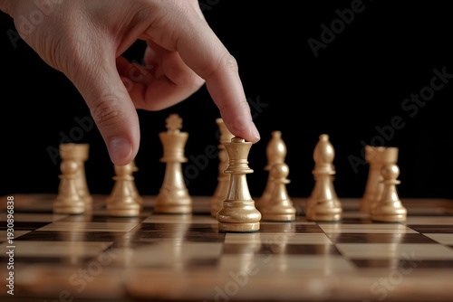 A hand strategicallly moves a wooden king across the chessboard, representing a business challenge and leadership in a competitive game of success