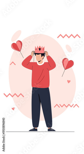 Person Wearing Crown Embracing Inner Royalty with Heart Balloons Floating