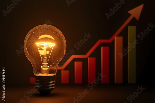 A bright glass bulb with a graph and arrow on a red background symbolizes a creative business solution and innovative technology idea