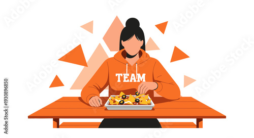 Person Wearing Orange Team Hoodie Enjoying Nachos At A Picnic Table