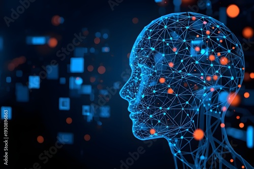 A 3d illustration of a human profile silhouette featuring a brain with gears and binary code to symbolize a thinking mind and creative technology concept