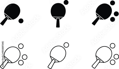 Table tennis set with ping pong paddles and balls in different angles, black and white vector icons for indoor sports competition gym and athletic hobby