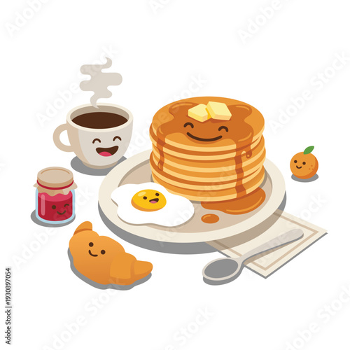 Cute Kawaii Breakfast Food Characters.