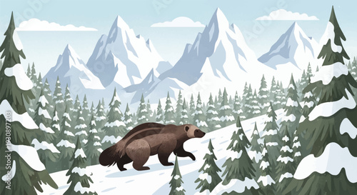 Brown beaver walking through snowy forest with mountains in the background.