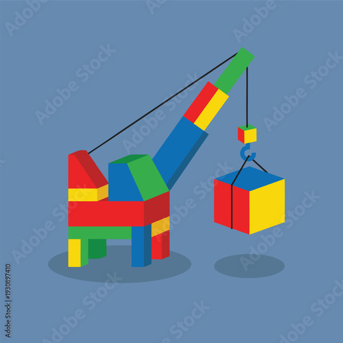 Colorful toy crane lifting a block.