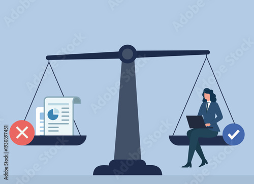 Businesswoman Working on Laptop Outweighs Paperwork on Balance Scale, Efficiency over bureaucracy, digital transformation success, work life balance, productive employee versus paperwork