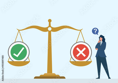 Businesswoman Contemplating Pros and Cons on Balanced Golden Scale, Weighing pros and cons effectively, ethical business decision making, evaluating risks versus benefits, choosing