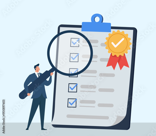 Businessman Inspecting Completed Checklist on Clipboard for Quality Assurance, Quality assurance and control inspection, successful project completion audit, verifying standards and compliance