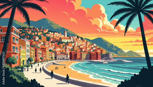 Vibrant Mediterranean coastal town at sunset, with a picturesque beach, tranquil ocean, charming architecture, and silhouetted palm trees