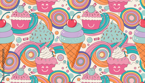 Vibrant and Playful Seamless Pattern with Sweet Delights Ice Cream Cones, Cupcakes, and Candies in a Cheerful Pastel Wonderland for Backgrounds and Designs