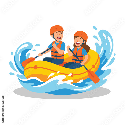 Couple Enjoying White Water Rafting Adventure on a Sunny Day.