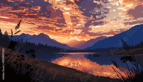 Breathtaking sunset spectacle over majestic mountain ranges reflected in tranquil lake waters, an artistic illustration capturing the serene beauty and vibrant colors of a natural landscape at dusk