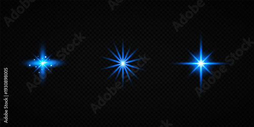 Colorful Star Light Effect Collection with Blue, Golden, and Yellow Glowing Starlight Sparkle Rays and Lens Flare Illumination on Transparent Background