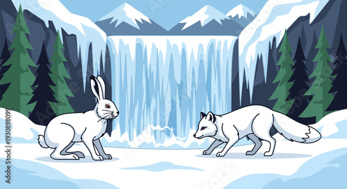 Arctic wildlife scene with rabbit and fox near frozen waterfall.