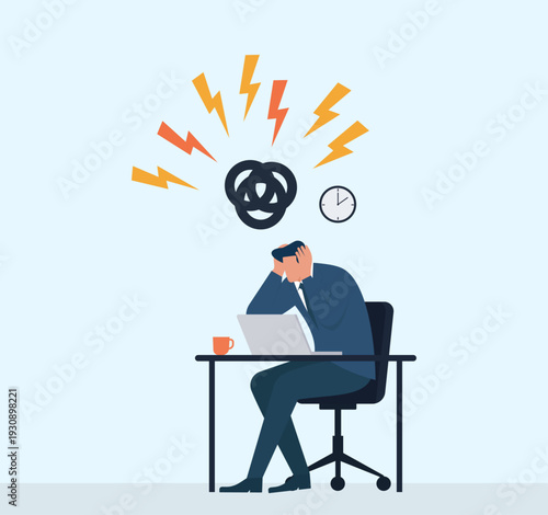 Stressed Businessman Experiencing Burnout and Anxiety from Tight Deadline, Workplace stress and anxiety, managing business pressure, employee mental health crisis, overwhelming deadlines and confusion