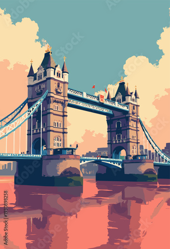 Tower Bridge London, stylized as impenetrable steel stone fortress suspension chains are drawn extremely thick Highcontrast block printing style Solid red river below No text