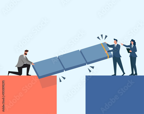 Business Team Collaborating to Build a Bridge Over a Chasm for Success, Teamwork bridging the gap, collaborative problem solving, overcoming business obstacles, strategic connection building