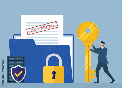 Businessman Securing Confidential Data with Golden Key and Encryption, Protecting sensitive confidential documents, data encryption and network security, authorized access control management