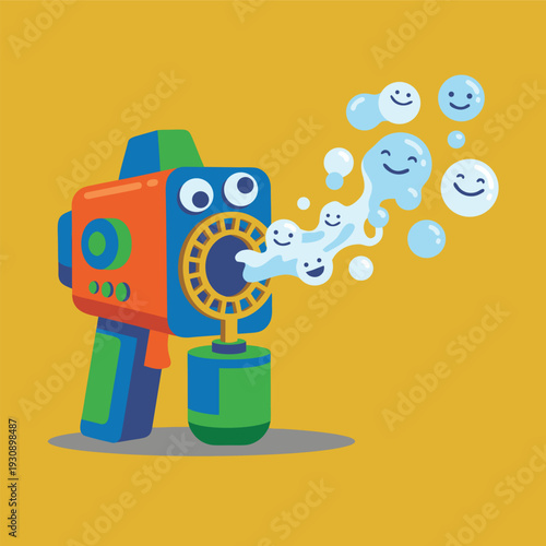 Cute Cartoon Bubble Machine Blowing Happy Bubbles.