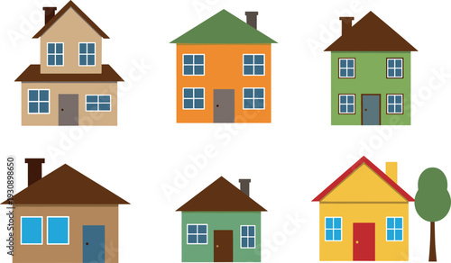 Colorful House Icon Set with Flat Residential Home Buildings for Real Estate, Property Apps, Architecture Websites, and Vector Design Projects