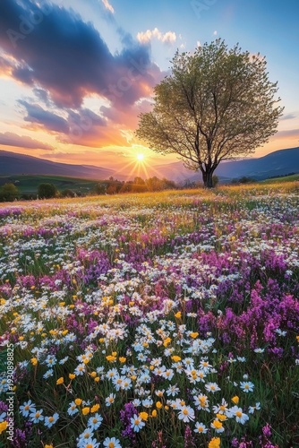 A serene landscape featuring a vibrant sunset illuminating a meadow filled with colorful wildflowers and dotted with trees under a dramatic sky.
