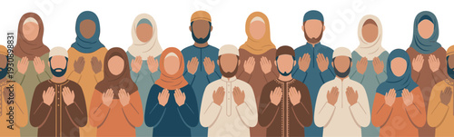 Muslim people praying together in a diverse community, showcasing unity, faith, and devotion during a spiritual gathering or religious celebration.