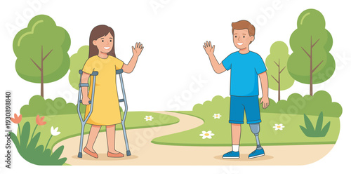 Young people with disabilities waving hello in a park, illustrating inclusion and friendship among diverse individuals.