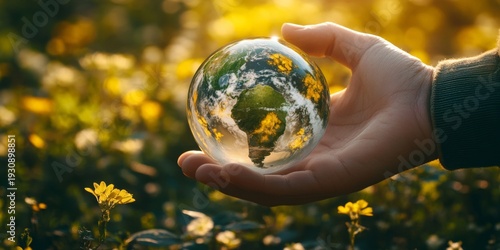 A hand holding a clear globe with the continents of Africa and South America. The globe is made of glass and is being held in a field of flowers