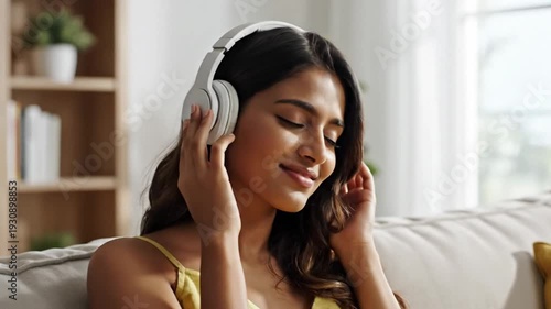 Wallpaper Mural Happy young woman relaxing with headphones on sofa at home Torontodigital.ca