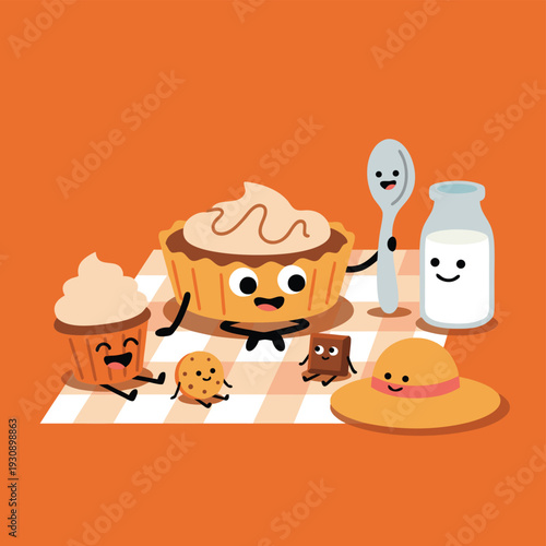 Cute Cartoon Food Characters Having a Picnic.