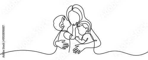 Mother and children embracing lovingly in a continuous line art illustration symbolizing family bonds and affection.