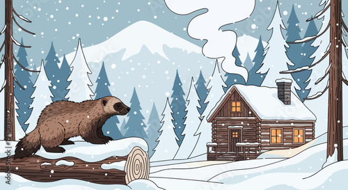 Cozy winter cabin in snowy forest with beaver on log.