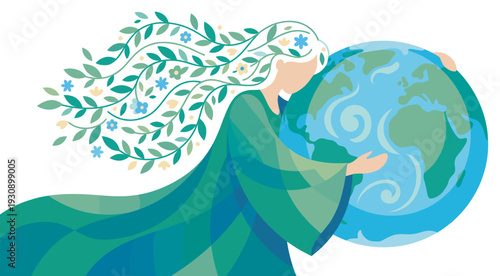 Mother Earth figure gently cradles the planet Earth, symbolizing environmental protection and global sustainability efforts.