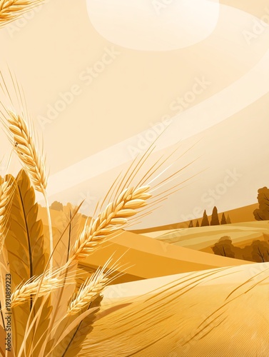 minimal illustrated wheat frame with thin stems and simplified shapes, focusing on negative space and softness. The cozy relaxing tone is expressed through gentle color transitions and uncluttered