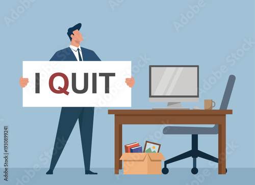 Employee Resigning from Corporate Job by Holding I Quit Sign in Office, Resignation from current employment position, leaving corporate job for new opportunity, employee turnover and career transition