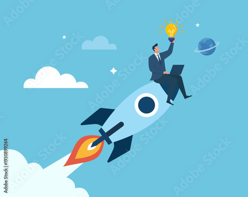 Businessman Riding Rocket to Success with Innovative Idea and Laptop, Launching a successful business startup, accelerating career growth with innovation, rapid progress in technology sector