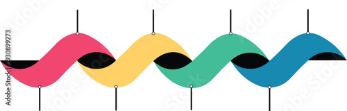 colorful overlapping wave pattern with pink yellow teal and green sinusoidal curves for music sound frequency and creative branding design isolated background.
