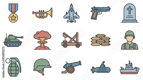 Military war icons collection featuring various defense elements and symbols of conflict, history, and armed forces.