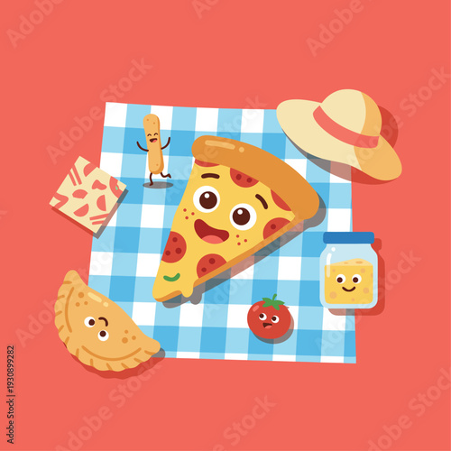 Cute Cartoon Pizza Picnic Food Characters.