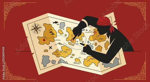 Pirate Planning Treasure Hunt Adventure On Vintage Map