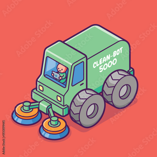 Cute cartoon street sweeper robot driving.