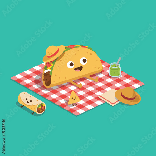 Cute Cartoon Taco and Burrito Having a Picnic.