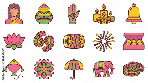 Indian festival celebration icons collection featuring traditional cultural elements and symbols for various religious holidays.