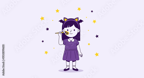 Playful Child Adorned With Bat Ears And Face Paint Under Starlit Sky