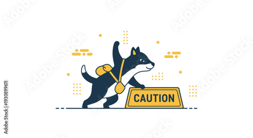 Playful Dog Character Navigating Caution Sign with Backpack